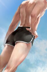 1boy absurdres ass black_shorts from_below hand_on_own_hip head_out_of_frame highres jeong_taeui male_focus passion_(manhwa) ryeomiii short_shorts shorts simple_background sky solo thighs toned toned_male topless_male