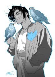 1boy artist_name aura batman_(series) bird black_hair blue_eyes blue_lantern closed_mouth dc_comics dick_grayson glowing hawk highres jacket jewelry large_pectorals male_focus muscular muscular_male nightwing_symbol open_clothes open_jacket pectorals power_ring_(green_lantern) ring shirt short_hair simone_di_meo simple_background smile solo