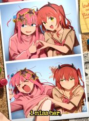&gt;_&lt; 2girls :d absurdres arms_up black_hair blue_eyes blush bocchi_the_rock! breasts brown_sailor_collar brown_serafuku bulletin_board convenient_censoring crossed_bangs cube_hair_ornament english_text gotoh_hitori grabbing_another&#039;s_breast groping hair_between_eyes hair_ornament heart_hands_failure highres horn_hairband jacket khyle. kita_ikuyo large_breasts long_hair long_sleeves multiple_girls neckerchief note one_side_up open_mouth photo_(object) pink_hair pink_jacket red_hair red_neckerchief sailor_collar school_uniform serafuku short_sleeves smile star-shaped_eyewear star_(symbol) thumbtack track_jacket upper_body yellow_eyes