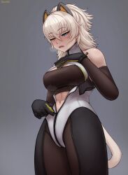 1girl animal_ears black_gloves blue_eyes blush bodysuit breasts cat_ears cat_tail elbow_gloves fake_animal_ears girls&#039;_frontline girls&#039;_frontline_2:_exilium gloves hand_on_own_chest headgear heterochromia highres large_breasts leotard long_hair mechanical_ears navel peritya_(girls&#039;_frontline_2) seraziel solo sweat tail unzipping white_hair yellow_eyes