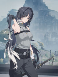 1girl absurdres bandaged_arm bandages bare_shoulders black_eyes black_gloves black_hair black_pants breasts chinese_commentary closed_mouth commentary_request cosplay feather_hair gloves grey_shirt hair_intakes hand_up highres holding holding_sword holding_weapon jewelry kohane_kun looking_at_viewer male_rover_(wuthering_waves) male_rover_(wuthering_waves)_(cosplay) medium_breasts mole mole_under_eye necklace pants rover_(wuthering_waves) scabbard sheath sheathed shirt solo sword weapon wuthering_waves yangyang_(wuthering_waves)