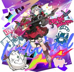 Rule 34 | 1girl, alternate costume, alternate headwear color, animalization, black bow, black dress, black gloves, black headdress, black leg warmers, black shoes, blue eyes, bow, braid, card, character doll, character name, closed mouth, dog, doll, dress, fingerless gloves, flandre scarlet, game cg, gloves, grey hair, guitar, hair bow, highres, holding, holding guitar, holding instrument, instrument, izayoi sakuya, knife, leg up, leg warmers, long hair, long sleeves, looking at viewer, maid headdress, multicolored dress, official art, person and animalization, playing card, puffy long sleeves, puffy sleeves, red nails, remilia scarlet, rotte (1109), shoes, smile, solo, thigh strap, third-party source, touhou, touhou lostword, transparent background, twin braids, unworn clothes