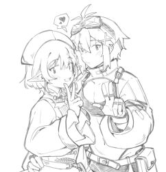 2girls belt breasts cleavage closed_mouth commentary_request elf expressionless fingerless_gloves fingernails fukana_miyu_(kokuya28) gloves goggles goggles_on_head greyscale hair_ornament hat heart highleg highleg_panties highres kokuya_(kokuya28) looking_at_viewer medium_breasts monochrome multiple_girls navel nurse_cap open_mouth original panties pointy_ears shared_speech_bubble shirt short_hair shrug_(clothing) simple_background sketch small_breasts smile speech_bubble spoken_heart sports_bra tomboy underwear upper_body v w x_hair_ornament