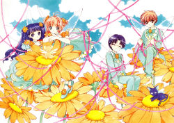 1990s_(style) 2boys 2girls absurdres antenna_hair aqua_bow aqua_bowtie aqua_choker aqua_pants aqua_shoes blouse blue_hair blunt_bangs bow bowtie brown_hair cardcaptor_sakura child choker clamp daidouji_tomoyo day flower formal_clothes highres hiiragizawa_eriol kerberos kero_(cardcaptor_sakura) kinomoto_sakura li_xiaolang long_hair mini_person miniboy minigirl multiple_boys multiple_girls official_art pants retro_artstyle shirt shoes short_hair sitting smile spinel_sun standing suit suppi two_side_up white_shirt wings