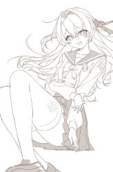 1girl bow bowtie buttons double-breasted firefly_(honkai:_star_rail) firefly_(spring_missive)_(honkai:_star_rail) gluteal_fold grey_hairband grey_ribbon grey_sailor_collar grey_skirt hairband highres honkai:_star_rail honkai_(series) iga_(millmlml) open_mouth pleated_skirt sailor_collar shirt simple_background skirt smile solo thighhighs white_background white_shirt white_thighhighs
