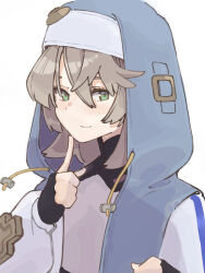 Rule 34 | 1boy, androgynous, blue hood, bridget (guilty gear), closed mouth, eyelashes, green eyes, grey hair, guilty gear, guilty gear strive, hair between eyes, highres, index finger raised, male focus, medium hair, ooiwa (irc14786149), simple background, smile, solo, trap, upper body, white background