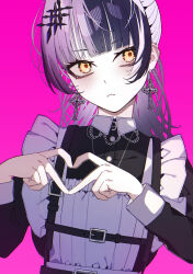 1girl :&lt; absurdres alternate_costume apron black_dress black_gloves black_hair closed_mouth cross cross_earrings dress earrings enmaided gloves grey_hair highres hololive hololive_english jewelry maid multicolored_hair partially_fingerless_gloves pink_background shiori_novella solo split-color_hair two-tone_hair u-stadt virtual_youtuber white_apron yellow_eyes