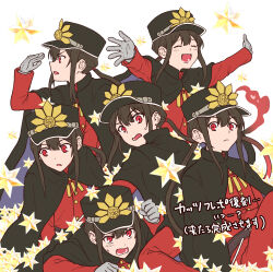 1boy 6+boys :d belt black_cape black_hair black_hat brown_belt cape center-flap_bangs clenched_hands closed_mouth crest family_crest fate/grand_order fate_(series) fiery_hair frown furrowed_brow gloves grey_gloves hair_between_eyes hand_up happy hat heart high_collar highres jacket kepi knee_up light_blush long_hair long_sleeves looking_at_viewer low_ponytail lower_teeth_only male_focus military_hat military_jacket military_uniform multiple_boys multiple_views oda_nobukatsu_(fate) oda_uri open_mouth outstretched_arms pants peanut_mouth ponytail raised_eyebrows red_eyes red_jacket red_pants serious sidelocks smile star_(symbol) surprised sweatdrop t_kattu teeth v-shaped_eyebrows white_background