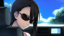 1girl bare_shoulders black_dress blue_sky brown_hair car_interior car_seat dress frown fukuda_tomonori game_cg gps hair_between_eyes hair_tie highres island long_hair looking_at_viewer looking_back non-web_source official_art outdoors robotics;notes shiny_lips sitting sky solo sundress sunglasses tennouji_nae tennouji_nae_(robotics;notes) tree twintails v-shaped_eyebrows
