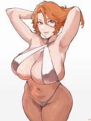 1girl armpits arms_behind_head arms_up artist_name bare_arms bare_shoulders bikini bleach blue_eyes breasts cleavage commentary_request cowboy_shot criss-cross_halter fukuya_art gradient_background grin groin hair_between_eyes hair_lift halterneck highleg highleg_bikini highres huge_breasts long_bangs long_hair looking_at_viewer matsumoto_rangiku navel orange_hair parted_bangs parted_lips skindentation smile solo standing stomach string_bikini swimsuit white_background white_bikini
