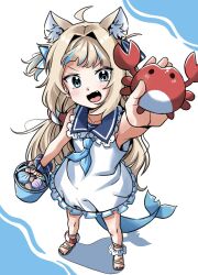 1girl :d ahoge animal_ear_fluff animal_ears blonde_hair blue_background blue_eyes blue_hair blush cat_ears commentary crab dress fang fins fish_girl fish_tail full_body highres holding hya0128 indie_virtual_youtuber lifebuoy_hair_ornament long_hair looking_at_viewer low_twintails multicolored_hair open_mouth sailor_collar sailor_dress sameko_saba sandals shark_tail shell sleeveless sleeveless_dress smile solo standing streaked_hair stuffed_animal stuffed_toy tail twintails two-tone_background virtual_youtuber white_background white_dress