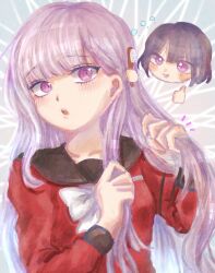 1boy 1girl blush bow brother_and_sister collarbone hair_brush hair_down highres long_hair long_sleeves open_mouth pink_eyes pink_hair purple_hair siblings simple_background the_hundred_line_-last_defense_academy- thumbs_up tsukumo_ima tsukumo_kako twins white_background white_bow