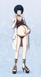 1girl adricarra blue_hair blush breasts choker cleavage closed_eyes clothes_lift dress dress_lift female_focus full_body gluteal_fold highres jewelry lab_coat medium_breasts misscherrylle panties pendant persona persona_5 platform_sandals pregnant sandals short_hair solo stethoscope takemi_tae toes underwear