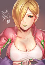 1girl absurdres breasts brown_background censored cleavage commentary_request commission cum cum_on_body cum_on_breasts cum_on_clothes cum_on_upper_body eyeliner falke_(street_fighter) fingerless_gloves gloves green_eyeliner green_eyes green_lips green_nails hair_behind_ear hair_over_one_eye highres large_breasts makeup mosaic_censoring mugen_no_sudadokei paizuri paizuri_under_clothes penis pink_hair purple_gloves short_hair skeb_commission smile solo street_fighter street_fighter_v sweatdrop translation_request