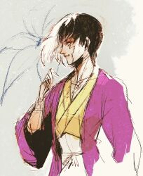 Rule 34 | 1boy, asagiri gen, black hair, commentary, commentary request, dr. stone, flower, haori, highres, japanese clothes, kannoaki, kimono, lily (flower), looking at viewer, male focus, multicolored hair, pink haori, profile, scar, scar on face, short hair, sketch, solo, two-tone hair, upper body, white hair, wide sleeves, yellow kimono