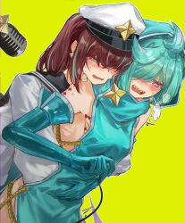 Rule 34 | 2girls, @ @, absurdres, akoya matama, anemo nemo, aqua hair, blush, breath, brown hair, elbow gloves, fangs, gloves, grabbing another&#039;s breast, groping, hand under clothes, highres, hug, hug from behind, leberblume, loco musica, long hair, mahou shoujo ni akogarete, medium hair, microphone, multiple girls, nail polish, purple eyes, sharp teeth, shi hong cha bu hui hua hua, simple background, sweat, teeth, upper teeth only, yellow background, yuri