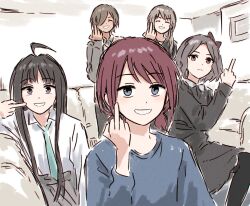Rule 34 | 5girls, ^ ^, ahoge, awa subaru, black dress, black hair, black sweater, blue eyes, blue necktie, blue sweater, bow, brown hair, bullfalk, closed eyes, closed mouth, dress, ebizuka tomo, girls band cry, grey hair, grey skirt, hair bow, hair over one eye, hairband, hand up, iseri nina, kawaragi momoka, long hair, long sleeves, low twintails, middle finger, mole, mole under eye, multicolored hair, multiple girls, necktie, open mouth, parted bangs, purple eyes, red eyes, red hairband, roots (hair), rupa (girls band cry), shirt, short hair, short twintails, sidelocks, skirt, smile, sweater, togenashi togeari, twintails, white shirt