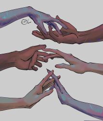 blue_light blue_skin colored_skin dark_skin finger_touching grey_background hand_focus highres holding_hands interlocked_fingers original outstretched_arm outstretched_hand sadlad03 signature