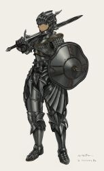 :| ambiguous_gender androgynous armor artist_name black_armor breastplate closed_mouth couter cuirass cuisses full_armor full_body gauntlets greaves green_eyes helm helmet highres holding holding_sword holding_weapon knight nanora original pauldrons plate_armor shield shoulder_armor signature simple_background solo standing sword visor_(armor) weapon white_background