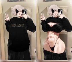 1girl 2b_(nier:automata) alternate_breast_size_(larger) animal_print black_hoodie black_nails blindfold breasts cleavage elden_ring:_shadow_of_the_erdtree erogearts hood hoodie large_breasts leopard_print lingerie looking_at_viewer mirror_selfie muscular muscular_female nier:automata nier_(series) panties pants selfie short_hair solo toilet_paper track_pants underwear v white_hair wide_hips