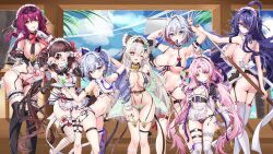 6+girls absurdres acheron_(honkai:_star_rail) ahoge apron arm_strap armpits arms_up ass bare_shoulders bikini black_garter_straps black_thighhighs blush bow bowtie breast_curtains breastless_clothes breasts frilled_thigh_strap brown_hair chain cleavage colored_inner_hair eyewear_on_head firefly_(honkai:_star_rail) fishnet_thighhighs fishnets forehead_jewel frilled_bikini frills fu_xuan_(honkai:_star_rail) garter_belt garter_straps gloves hair_intakes heart highres holding holding_sword holding_tray holding_weapon honkai:_star_rail honkai_(series) huge_breasts jewelry kafka_(honkai:_star_rail) large_breasts light_brown_hair long_hair looking_at_viewer looking_back maid maid_bikini maid_headdress medium_breasts multicolored_hair multiple_girls nail_polish naked_apron navel open_mouth panties pink_hair purple_hair red_hair ring sheath short_hair sideboob silver_wolf_(honkai:_star_rail) single_thighhigh skindentation slingshot_swimsuit small_breasts smile sparkle_(honkai:_star_rail) sunglasses swimsuit sword thigh_gap thigh_strap thighhighs thighs tia_(4017342) topaz_(honkai:_star_rail) tray twintails unconventional_maid underboob underwear unsheathing v very_long_hair waist_apron weapon white_apron white_gloves