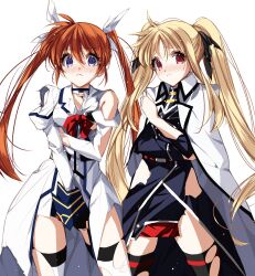 2girls black_bow black_dress black_gloves black_thighhighs blonde_hair blue_eyes blue_sleeve_cuffs blush bow bowtie breasts brown_hair buttons closed_mouth coat coat_on_shoulders collared_coat collared_shirt commentary commission covering_privates cowboy_shot dress embarrassed eyelashes fate_testarossa fate_testarossa_(impulse_form) fingerless_gloves frown gloves hair_between_eyes hair_bow hand_on_own_chest highres juliet_sleeves lapels legs_apart light_particles long_dress long_hair long_sleeves looking_at_viewer lyrical_nanoha magical_girl mahou_shoujo_lyrical_nanoha_strikers miniskirt misteor multiple_girls notched_lapels open_clothes open_coat pleated_skirt puffy_sleeves red_bow red_bowtie red_eyes shirt simple_background single_bare_shoulder skeb_commission skirt sleeve_cuffs sleeves_past_wrists standing takamachi_nanoha takamachi_nanoha_(aggressor_mode) tareme thighhighs torn_clothes torn_coat torn_dress torn_shirt torn_thighhighs twintails white_background white_bow white_coat white_shirt white_skirt white_thighhighs