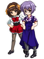 2girls arrow_print bandabekken bashamichi black_legwear blue_hakama boots bronze_parrot brown_eyes brown_hair clothes_lift cosplay glasses hairband hakama hakama_skirt hands_on_own_hips japanese_clothes loafers multiple_girls nagato_yuki pantyhose purple_hair shoes short_hair simple_background skirt skirt_lift suzumiya_haruhi suzumiya_haruhi_no_yuuutsu waitress yagasuri