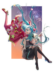 2girls absurdres aqua_eyes aqua_hair black_jacket black_pantyhose black_skirt blush border commentary dress frown gradient_sky hair_ornament hatsune_miku highres jacket kowareta_sekai_to_utaenai_miku miku_day multiple_girls one_eye_closed open_mouth orange_sky pantyhose pleated_skirt pom_pom_(clothes) pom_pom_hair_ornament project_sekai purple_sky red_dress red_shoes red_thighhighs shoes simple_background skirt sky smile thighhighs utaenai_miku vocaloid wanderlands_k white_background wonderlands_x_showtime_miku x_hair_ornament