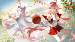2girls absurdres ball bare_shoulders basketball_(object) bike_shorts bike_shorts_under_shorts blue_shirt breasts bunting closed_mouth colored_tips commentary_request crop_top feet_out_of_frame floating_hair genshin_impact hair_between_eyes hairband highres holding holding_ball holding_tennis_racket jacket large_breasts long_hair long_sleeves looking_at_viewer midriff multicolored_hair multiple_girls no_pupils off_shoulder official_alternate_costume open_clothes open_jacket outdoors pink_hair purple_eyes racket red_hairband red_shorts renee_(pixiv111596205) running_track sangonomiya_kokomi sangonomiya_kokomi_(pulse+) shirt shorts skirt sleeveless sleeveless_shirt smile socks sportswear stadium tennis_racket very_long_hair visor_cap white_shirt white_skirt white_socks wristband yae_miko yae_miko_(pulse+)