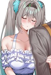 Rule 34 | 1girl, 1other, :o, blush, breasts, brown hairband, cleavage, closed eyes, cosplay, daiwa scarlet (umamusume), daiwa scarlet (umamusume) (cosplay), devl ga aru, firefly (honkai: star rail), frilled shirt, frills, fur hair tie, gradient hair, grey hair, hair between eyes, hair intakes, hair ornament, hairband, highres, honkai: star rail, honkai (series), large breasts, locked arms, long hair, multicolored hair, open mouth, shirt, sleeping, sleeping on person, twintails, umamusume, white shirt
