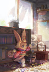 bad_id bad_pixiv_id balance_scale bangs_pinned_back barefoot blanket blue_eyes boiling book bookshelf bottle bowl box cabinet cloth commentary_request curtains day fantasy fish floral_print flower food grill highres indoors lace-trimmed_sleeves lace_trim lantern looking_to_the_side medicine mochi mortar_(bowl) noren nut_(food) on_floor outstretched_arm pestle pharmacy photoshop_(medium) pixiv_fantasia pixiv_fantasia_t plank pot powder rabbit rope rug sash scroll shelf shichirin shinoda_yuu_(shinoda0808) short_hair sitting smile solo stove sunlight urn wagashi wall weighing_scale window wooden_floor yagen_(tool)