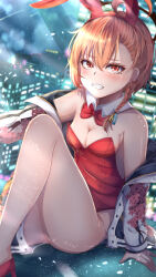 1girl ahoge animal_ears asymmetrical_bangs bare_legs blue_archive bow bowtie braid breasts chinese_commentary cleavage clenched_teeth commentary_request detached_collar fake_animal_ears fangxiang halo high_heels highres jacket leotard looking_at_viewer mole mole_under_eye neru_(blue_archive) neru_(bunny)_(blue_archive) official_alternate_costume orange_hair pantyhose playboy_bunny print_jacket rabbit_ears rabbit_tail red_bow red_bowtie red_eyes red_footwear red_leotard single_braid small_breasts solo strapless strapless_leotard sukajan tag tail teeth traditional_bowtie