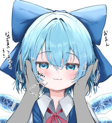 1girl 1other blue_bow blue_eyes blue_hair blue_vest blush bow cirno fairy hair_between_eyes hands_on_another&#039;s_cheeks hands_on_another&#039;s_face ice ice_wings looking_at_viewer medium_hair mikan_(manmarumikan) neckerchief red_neckerchief shirt smug speech_bubble touhou translation_request upper_body vest white_background white_shirt wings