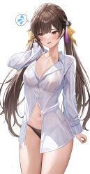 1girl absurdres alternate_costume averting_eyes bell black_panties bra_strap braid breasts brown_hair button_gap cleavage collared_shirt cowboy_shot dress_shirt embarrassed hair_ribbon halterneck hand_up highres honkai:_star_rail honkai_(series) jingle_bell large_breasts long_hair long_sleeves looking_to_the_side lunacle navel no_pants open_mouth paid_reward_available panties partially_unbuttoned ribbon see-through_clothes see-through_shirt shirt simple_background solo spoken_sweatdrop stomach sushang_(honkai:_star_rail) sweatdrop thighs twintails underwear v-shaped_eyebrows very_long_hair white_background yellow_eyes