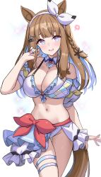 1girl absurdres almond_eye_(umamusume) alternate_costume animal_ears bikini blue_eyes blue_hair blue_nails blush bow bow_hairband braid breasts brown_hair cleavage colored_inner_hair cross-shaped_pupils fingernails hairband highres horse_ears horse_girl horse_tail kibihimi large_breasts long_hair looking_at_viewer multicolored_hair nail_polish open_mouth side_braid simple_background single_braid skindentation smile solo swimsuit symbol-shaped_pupils tail thighs umamusume white_background white_bikini white_bow white_hairband