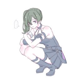... 1girl absurdres bare_shoulders black_boots black_dress black_gloves boots breasts closed_mouth crossed_arms dress full_body gloves green_hair hair_between_eyes highres long_hair looking_at_viewer pleated_dress purple_eyes seila_rei side_ponytail simple_background single_glove small_breasts solo sousou_no_frieren spoken_ellipsis squatting tiptoes ubel_(sousou_no_frieren) white_background