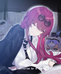 3girls black_gloves black_jacket black_necktie breasts closed_mouth earrings eyewear_on_head firefly_(honkai:_star_rail) glasses gloves honkai:_star_rail honkai_(series) jacket jewelry kafka_(honkai:_star_rail) large_breasts long_hair long_sleeves looking_at_viewer missing_commentary multiple_girls necktie one_eye_closed pince-nez purple_eyes purple_hair round_eyewear shirt silver_wolf_(honkai:_star_rail) smile solo_focus srpzk sunglasses white_shirt
