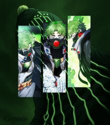 1boy belt black_dress black_mask black_shirt blue_eyes dress gas_mask green_background green_hair highres jacket king_solo77 korean_clothes lo_po_bia_traumerei looking_at_viewer looking_to_the_side looking_up mask mouth_mask multiple_belts official_art portrait red_eyes s._i._u shirt short_hair snake solo third-party_edit third-party_watermark tower_of_god white_snake