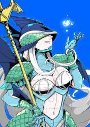 1girl 48mokopon ancientmermaimon blue_background breasts cleavage covered_eyes digimon digimon_(creature) digimon_frontier grey_hair highres holding holding_polearm holding_weapon large_breasts long_hair looking_up mermaid monster_girl navel polearm simple_background solo trident upper_body watermark weapon