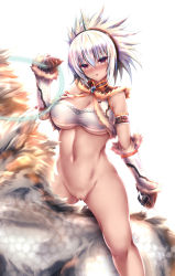 1girl absurdres armor bare_legs bottomless breasts censored cleavage fur_trim gloves greaves hairband highres horn kirin_(armor) kirin_(monster_hunter) midriff monster_hunter_(series) navel pussy red_eyes strapless thighs tube_top vest white_hair