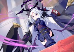 1girl absurdres ahoge black_boots black_gloves black_thighhighs blue_archive blurry boots coat coat_on_shoulders commentary_request crossed_arms demon_girl demon_horns demon_wings depth_of_field forehead fur-trimmed_coat fur_trim gloves gun hair_ornament hairclip halo highres hina_(blue_archive) horns indoors knee_boots knee_up long_hair long_sleeves looking_at_viewer machine_gun mg42 military military_uniform mosuke1221 parted_bangs pencil_skirt ponytail purple_eyes side_slit sidelocks skirt solo thighhighs weapon white_hair wings zettai_ryouiki