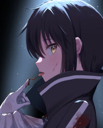 1girl black_hair kure_kirika licking licking_blood licking_hand looking_at_viewer looking_to_the_side magical_girl mahou_shoujo_madoka_magica mahou_shoujo_oriko_magica orange_eyes portrait solo suzugahama tongue