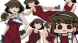 1girl :3 bare_shoulders bodysuit breasts brown_eyes brown_gloves brown_hair chibi chibi_inset commentary cropped_jacket gloves hairband jacket jazz_jack kawaramachi_fuki medium_breasts multiple_views oira_uchuu_no_tankoufu red_bodysuit simple_background sleeveless sleeveless_jacket smile solo white_background white_hairband white_jacket