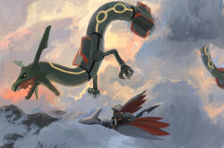 1boy alternate_color beanie black_sclera black_skin body_markings brendan_(pokemon) claws cloud cloudy_sky colored_sclera colored_skin fang fangs feathers flying gen_2_pokemon gen_3_pokemon green_bag grey_feathers hat horns legendary_pokemon metal_skin minahamu mountain multiple_horns nintendo open_mouth pokemon pokemon_(creature) pokemon_focus pokemon_rse rayquaza red_feathers shiny_pokemon skarmory skin_fangs sky white_hat yellow_eyes