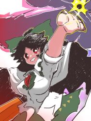 1girl arm_cannon black_hair black_sun black_wings bow breasts bright_pupils cape commentary control_rod_(touhou) cowboy_shot green_bow green_skirt grin hair_bow highres long_hair looking_at_viewer medium_breasts puffy_short_sleeves puffy_sleeves purple_background red_eyes reiuji_utsuho rn_(sbr2933090) shirt short_sleeves skirt smile solo sun symbol-only_commentary third_eye touhou weapon white_cape white_pupils white_shirt wings
