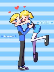 1boy 1girl aged_up antenna_hair arms_around_neck arms_up black_pants blonde_hair blue_background blue_dress blue_eyes blue_shirt blue_socks blush boomer_(ppg) bubbles_(ppg) commentary dress dress_shoes english_text floating full_body happy heart levitation long_sleeves open_mouth pants parapara-yankee parted_bangs powerpuff_girls rowdyruff_boys shirt shoes sleeveless smile sneakers socks standing striped_background striped_clothes surprised text_background thighhighs twintails white_thighhighs