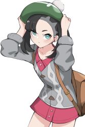 Rule 34 | 1girl, asymmetrical bangs, black hair, blue eyes, brown bag, cardigan, cosplay, dress, gloria (pokemon), gloria (pokemon) (cosplay), green hat, grey cardigan, hat, highres, long sleeves, looking up, marnie (pokemon), nintendo, pink dress, pokemon, pokemon swsh, solo, tsuneshima, twintails, white background