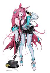 Rule 34 | absurdres, animal ears, aqua nails, arknights, bare shoulders, bent over, breasts, cleavage, collarbone, commentary request, electric guitar, guitar, highres, instrument, khrnnfz, layered clothes, long hair, looking at viewer, miniskirt, nail polish, open mouth, ponytail, rabbit ears, rabbit girl, ray (arknights), ray (dreaming high) (arknights), red hair, simple background, skirt, tongue, tongue out, v, white background