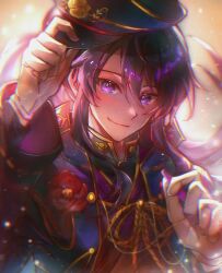 1boy adjusting_clothes adjusting_headwear backlighting ben-day_dots black_coat black_hat blurry blurry_background blurry_foreground blush camellia chromatic_aberration closed_mouth coat ensemble_stars! floating_hair flower gloves gold_trim hair_between_eyes hair_intakes hat high_collar highres holding holding_whistle japanese_clothes kanzaki_souma kimono light_particles long_hair long_sleeves looking_at_viewer male_focus official_alternate_costume open_clothes open_coat peaked_cap ponytail portrait purple_eyes purple_hair purple_kimono red_flower screentones shirt_under_kimono sidelocks smile solo whistle whistle_around_neck white_gloves whiten_wolf yellow_background