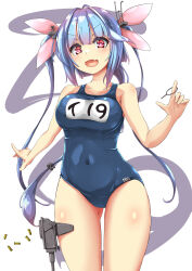 1girl blue_hair blue_one-piece_swimsuit character_name covered_navel cowboy_shot fang gun highres i-19_(kancolle) kantai_collection name_tag one-piece_swimsuit open_mouth red_eyes school_swimsuit shell_casing skin_fang solo standing star-shaped_pupils star_(symbol) swimsuit symbol-shaped_pupils tri_tails twintails unomi weapon